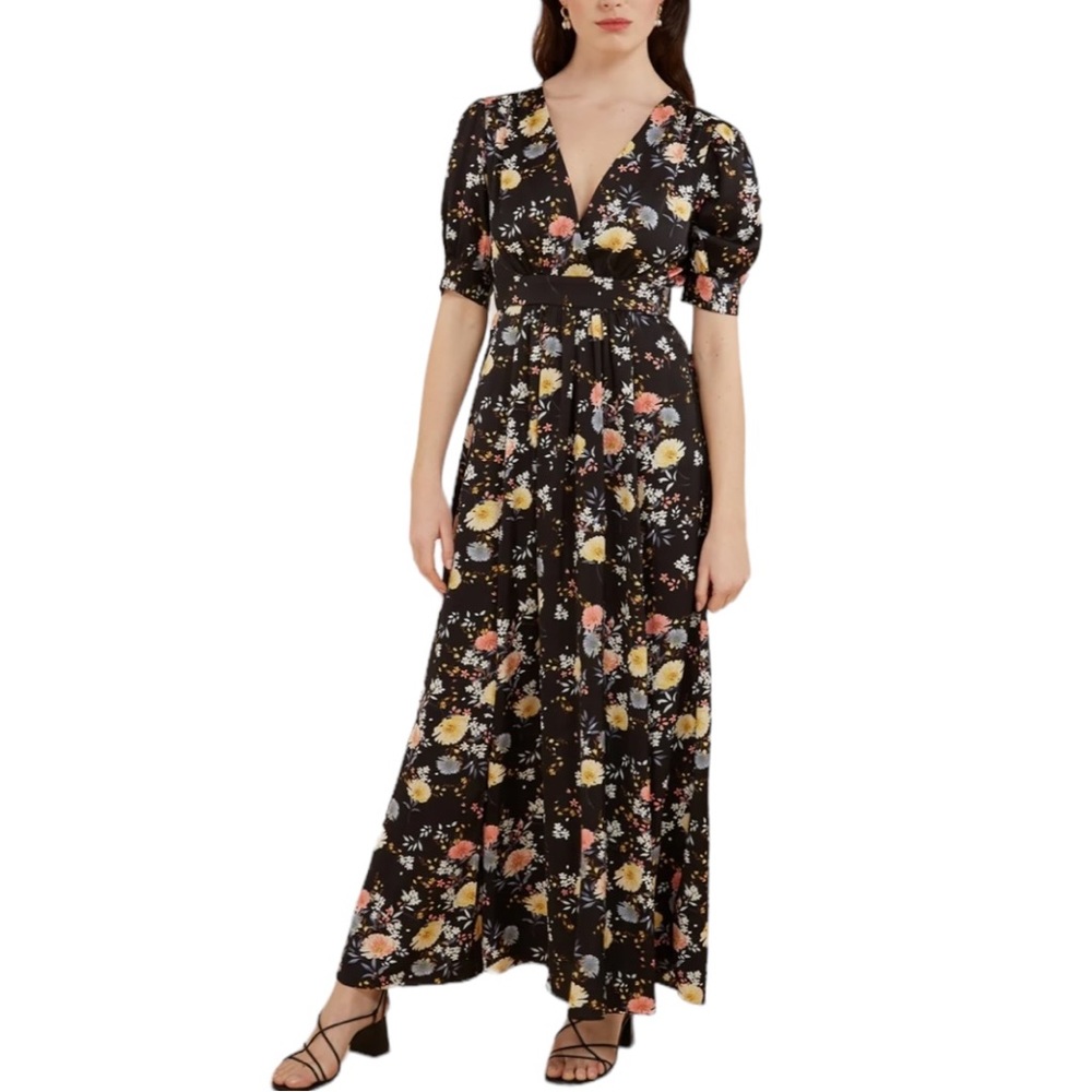 FRNCH The Amaria Floral Dress in Black Floral size Small Short Puff Sleeves NWT